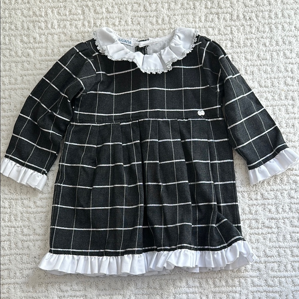 Juliana Black and White Checkered Dress with Ruffle Trim - 36months